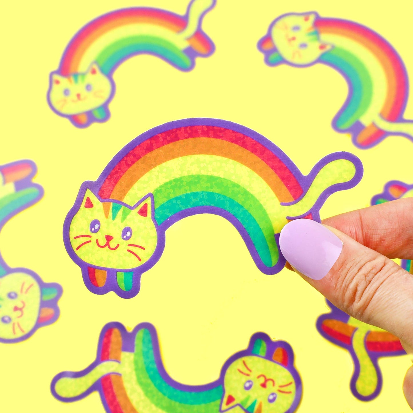 GLITTER Rainbow Cat Valentine's Day Vinyl Sticker
