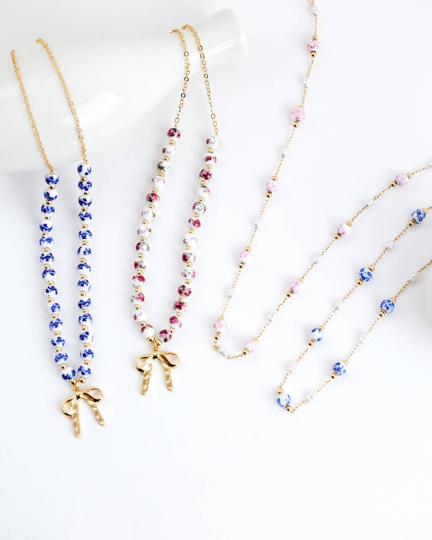 Ceramic Blue Bead Bow Pendant Necklace