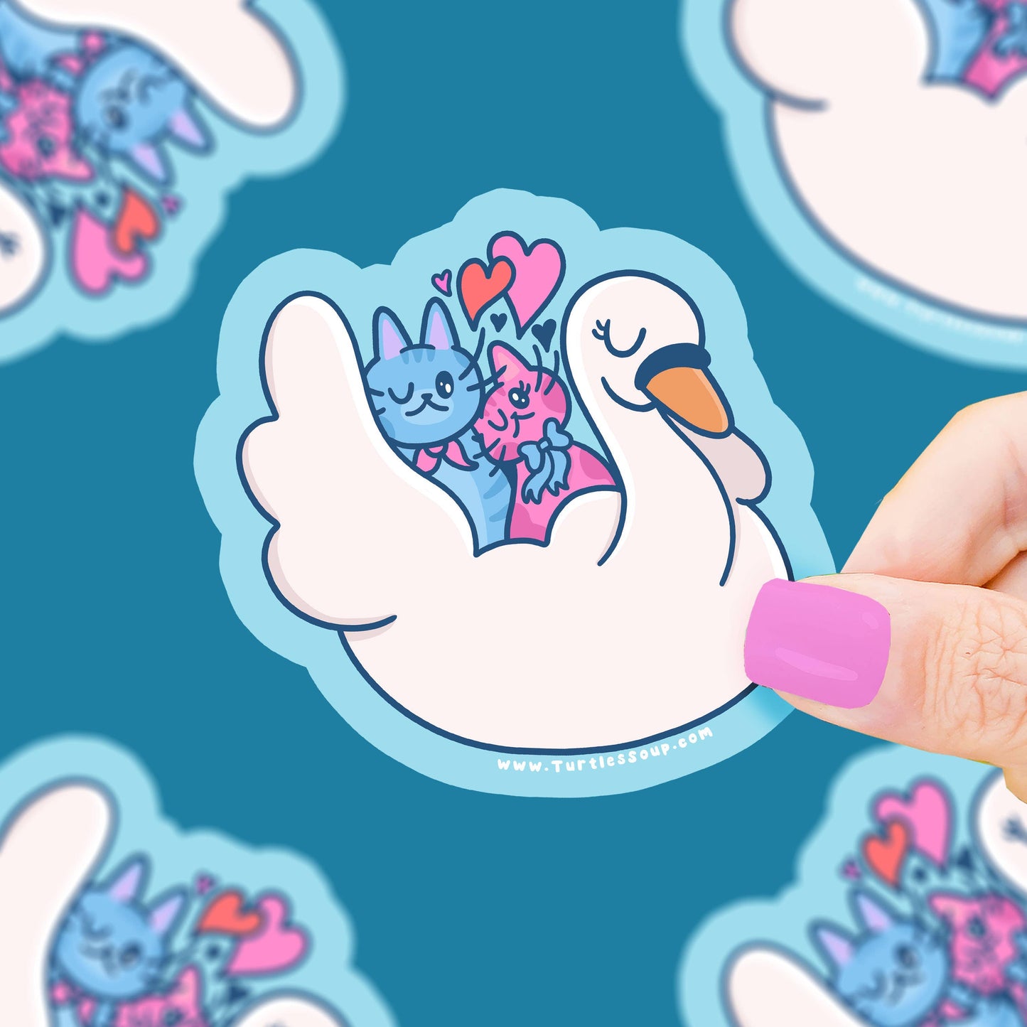 Swan Boat Kitties In Love Ride Valentines Vinyl Sticker