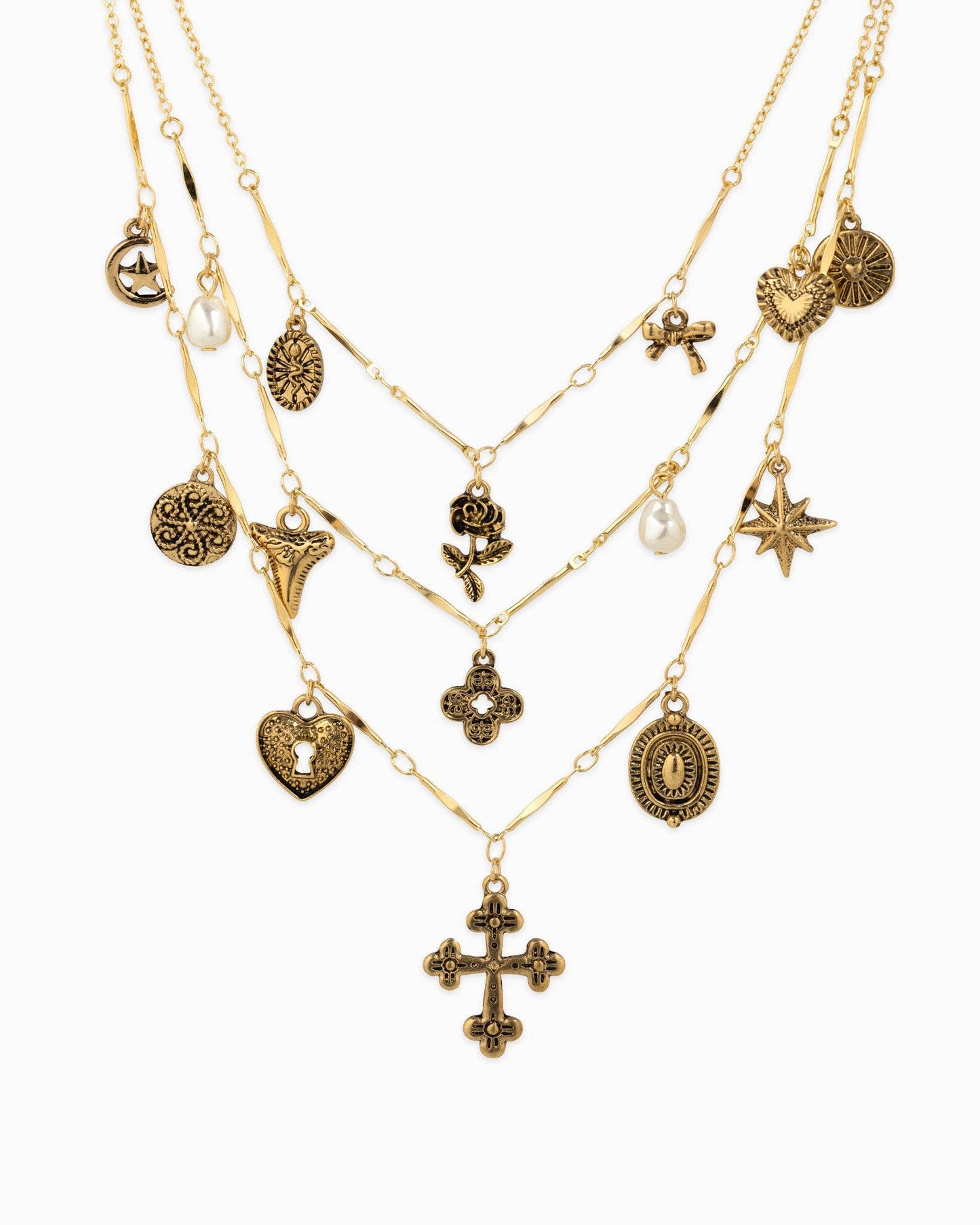 3 Layered Vintage Antique Cross Rose Nelaces