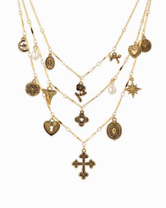 3 Layered Vintage Antique Cross Rose Nelaces
